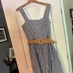 Eliza J Blue and White Striped Dress with Tan Belt